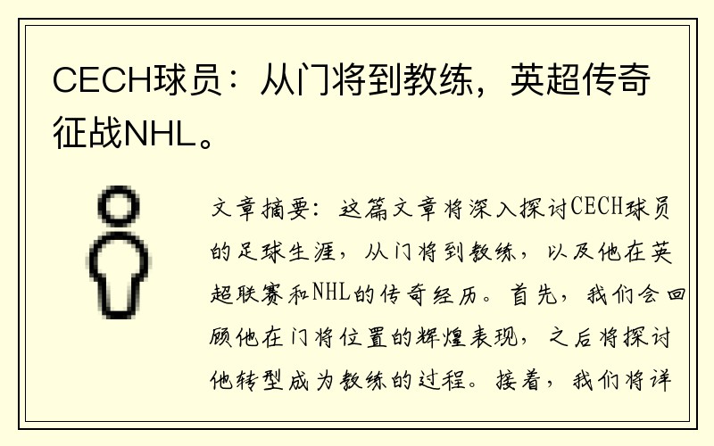 CECH球员：从门将到教练，英超传奇征战NHL。