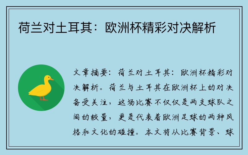 荷兰对土耳其：欧洲杯精彩对决解析