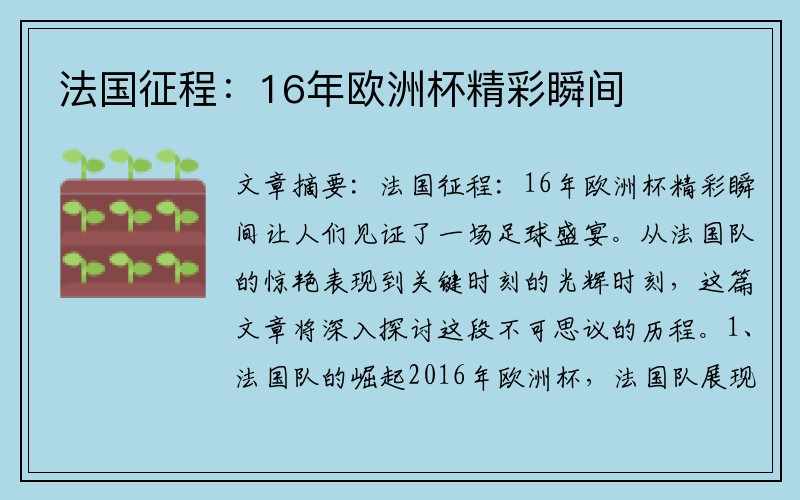 法国征程：16年欧洲杯精彩瞬间