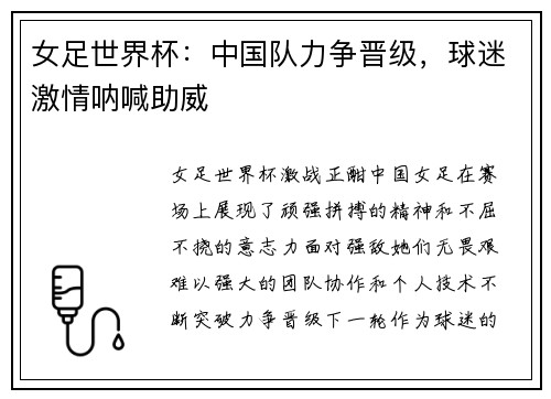 女足世界杯：中国队力争晋级，球迷激情呐喊助威